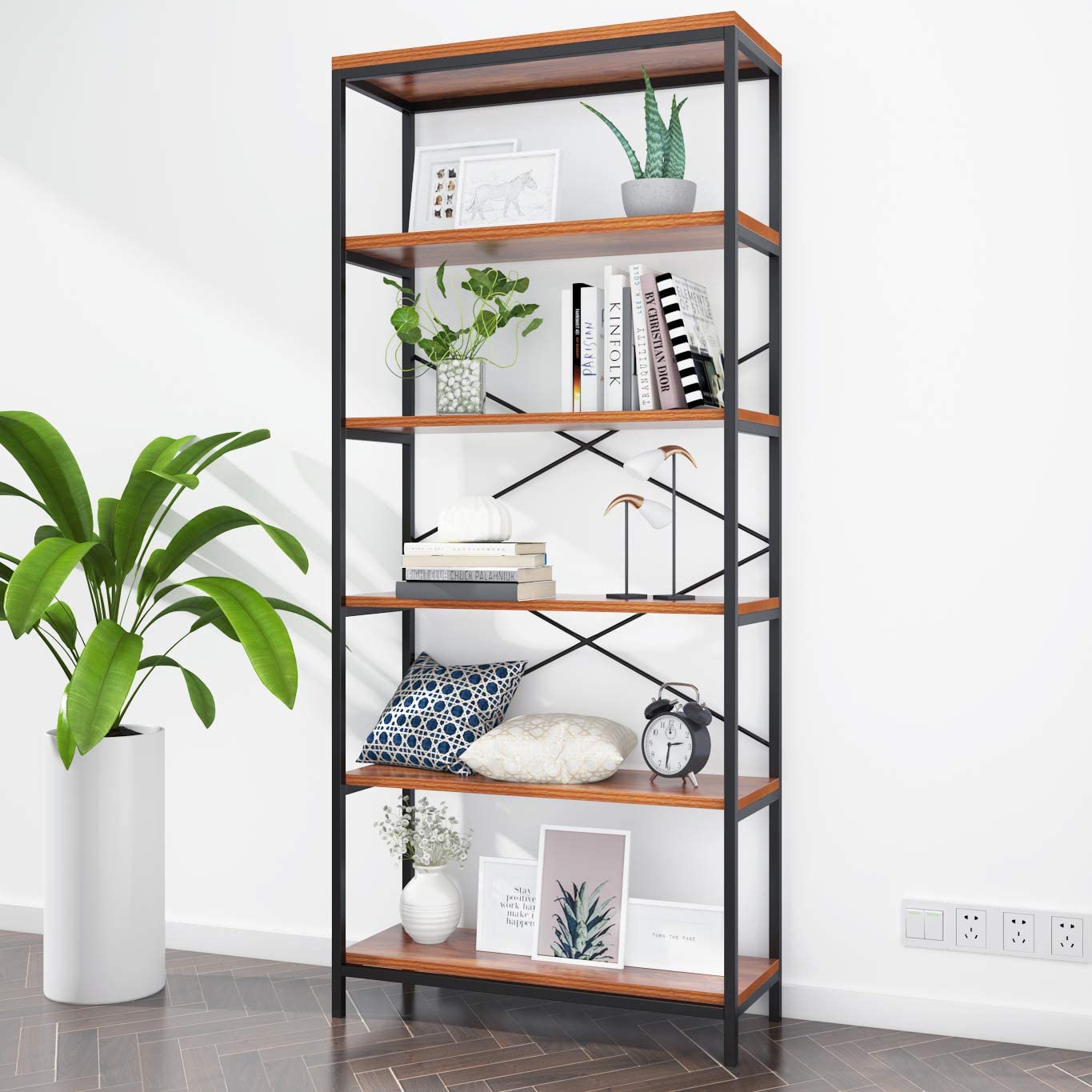 5 Shelf Bookcase Metal and Wooden Bookshelves For Home - Book Shelf - Furnishiaa